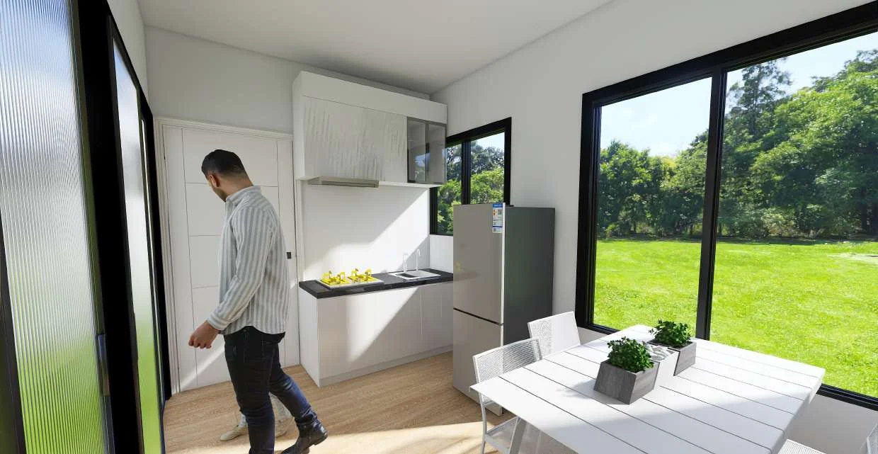 Cocina y comedor del modelo 2 Contenedores: 1 de 40 Pies Abajo y 1 de 20 Pies Arriba