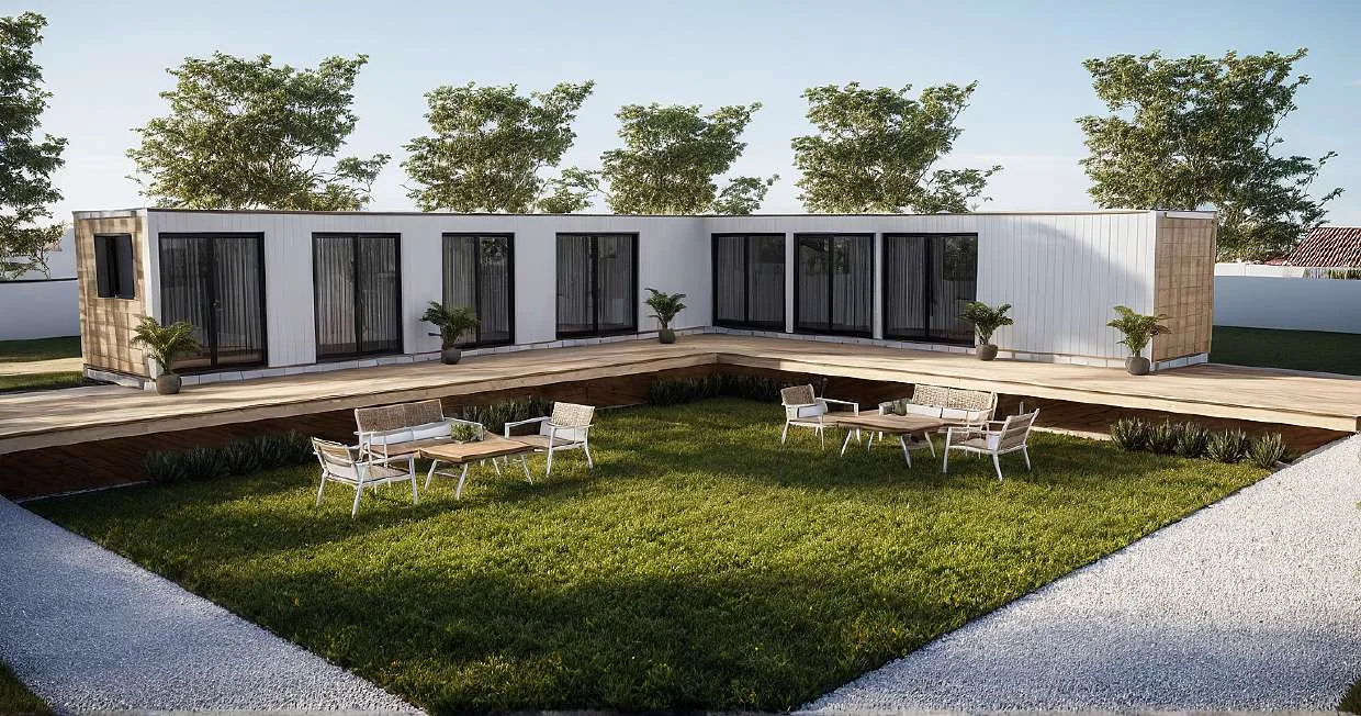 Fachada del modelo 2 Contenedores Unidos en L de 40 Pies